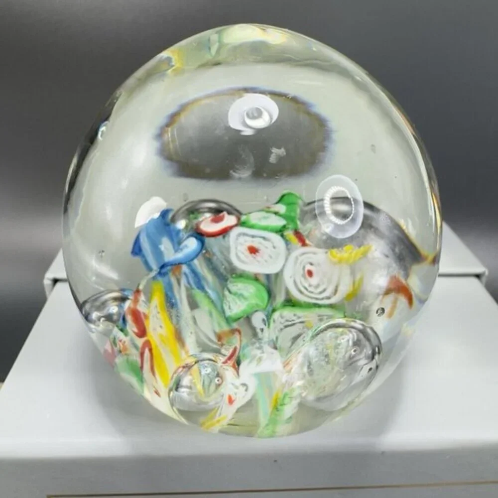 Hand Blown Art Glass Paperweight With Large Bubbles Multicolored‎ Millefiori VTG
